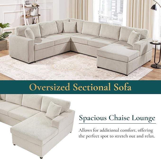 Eafurn Oversized U Shaped Modular Sectional Sofa, 115" Oversized Corduroy Upholstered Couch with Spacious Chaise Lounge & 3 Throw Pillows for Living Room, Apartment, Office