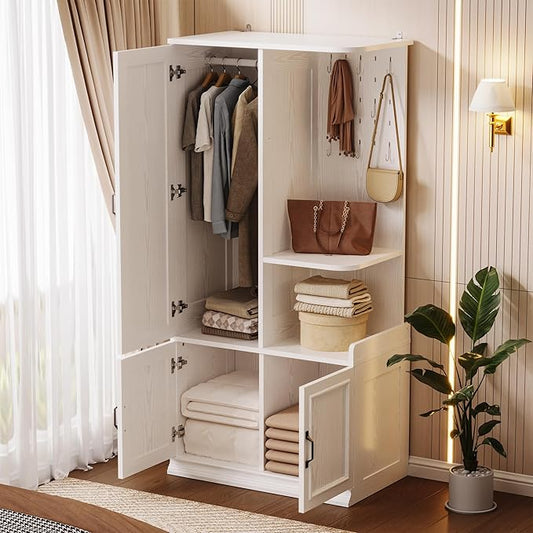LIKIMIO Armoire Wardrobe Closet, 70" H Wooden Bedroom Armoire with Mirror, 2 Cabinet, Pegboard and a Open Shelf, Large Freestanding Clothing Storage Cabinet with 3 Doors, White