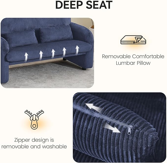 Corduroy Accent Living Room Sets, Comfy Upholstered Loveseat Sofa with 2 Accent Chairs, Morden Couch Sets for Living Room, Bedroom, Office, Blue