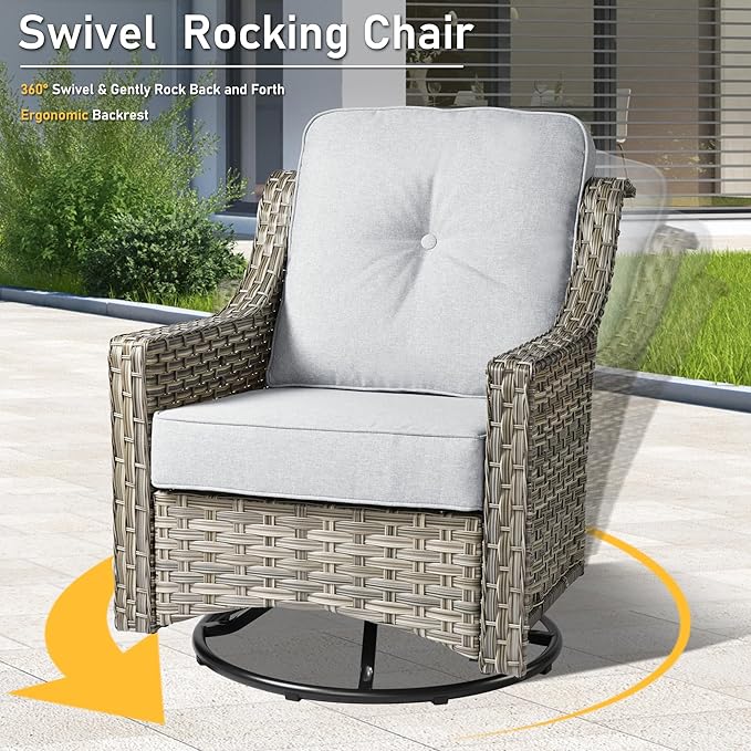 HOOOWOOO 9 Piece Patio Furniture Conversation Sets with Swivel Rocking Chairs,Outdoor Wicker Furniture with Ottoman,All Weather Resistant High Back Rattan Conversational Set(Light Grey Gray)