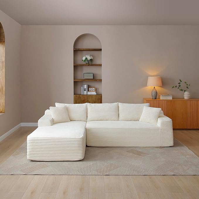 105-Inch L-Shaped Left Facing Corner Compressed Sofa Modular Sectional Boneless Cloud Sofa Floor Foam Couch with Chaise Lounge, Corduroy Corner Boneless Cloud Couch