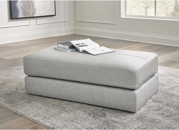 Signature Design by Ashley Amiata Contemporary Rectangular Leather Match Upholstered Oversized Accent Ottoman with Non-skid Legs, Light Gray