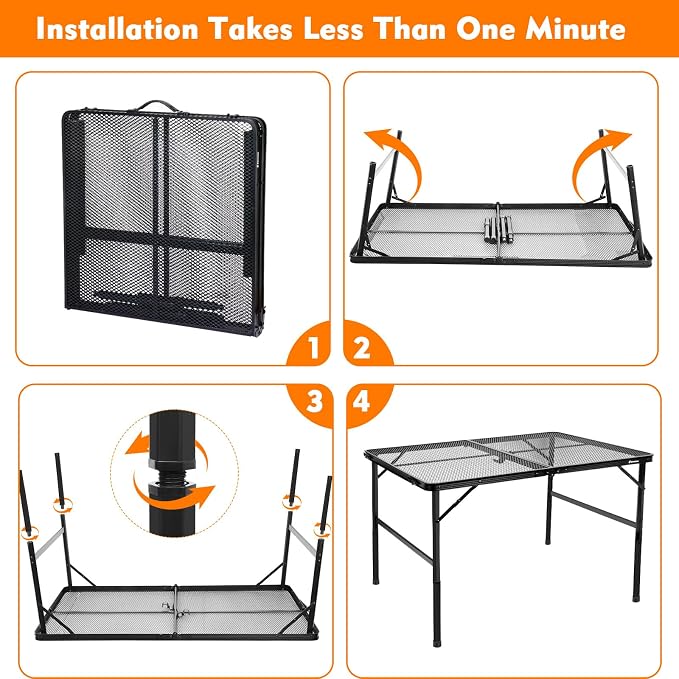 4 ft Folding Table with Metal Mesh Desktop, Grill Table Camping Table with Carry Handle,Adjustable Height (16.5" & 26"), Outdoor Table for Camp, Cooking, BBQ, RV, Picnic,Fits 4–8 People,Black - Image 7