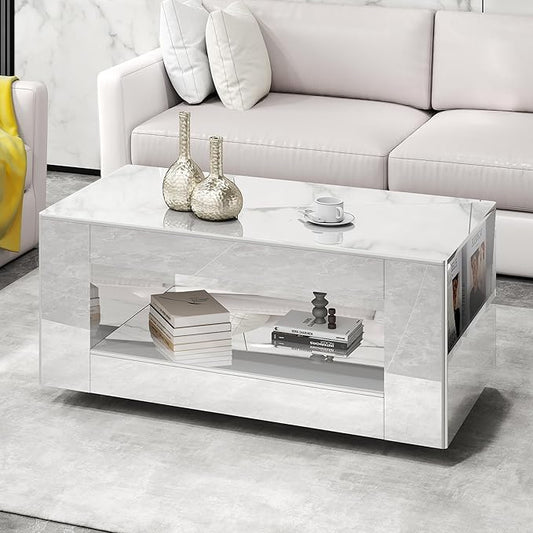 Glossy Coffee Table with Open Shelf Storage - High Gloss Modern Cocktail Table for Living Room, Bedroom, Office