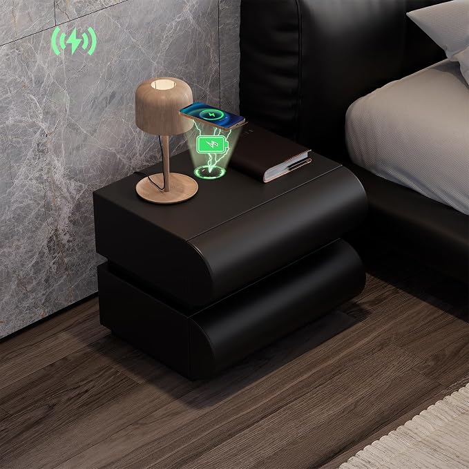 homary Smart Nightstand Modern Black Leather Nightstands with Wireless Charger Bedside Table with 2 Drawers for Bedrooms Living Rooms Offices 19.7" W x 15.7" D x 15.7" H by Homary