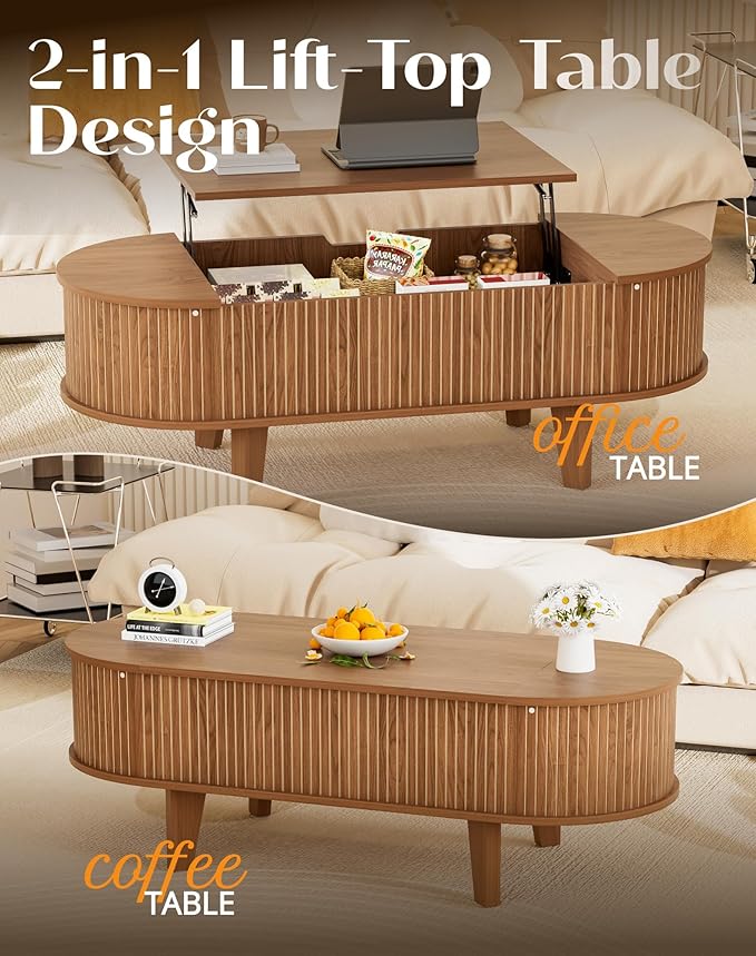 47.2" Lift Top Coffee Table with Storage, Oval Wood Fluted Coffee Table for Living Room, Mid Century Modern Center Table with Flip-Top Design, Walnut