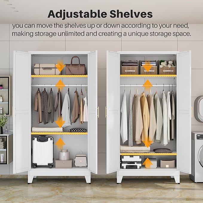 winiowa Metal Armoire Wardrobe Closet with 2 Mirror Doors, 71" Wardrobe Cabinet with Adjustable Shelves and Hanging Rod, Clothing Storage Cabinet Closet with Mirror for Bedroom-White