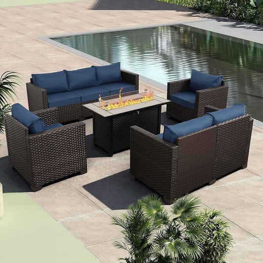 Rattaner 5-Piece Outdoor Patio Furniture 45 in Outdoor Fire Pits Patio Furniture Set 60000 BTU Outdoor Propane Fire Pit No-Slip Cushions Waterproof Covers, Navy Blue