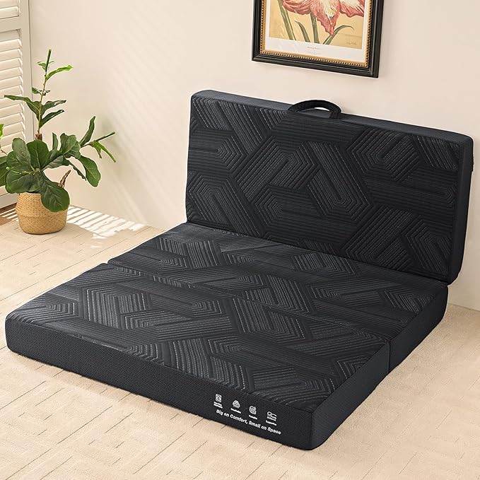 Mattress Topper, 6 Inch Memory Foam Tri-Fold Mattress King, Foldable Bed with Washable Cover, Handles and Non-Slip Bottom for Yoga, Living Room, Camping, 80"x76"x6", Black