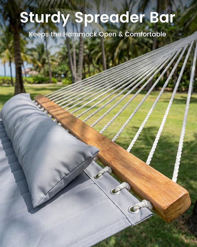 ANAGOO Double Quilted Outdoor Hammock for 2 Adults, 500lb Capacity Backyard & Camping Hammock with Pillow and Bamboo Spreader Bar, Fits 11–15ft Hammock Stands (Stand Not Included),Dark Gray - Image 5