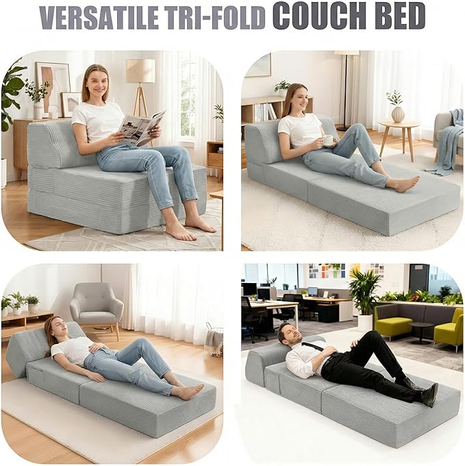 Folding Sofa Bed with Pillow, Memory Foam Fold Out Chair Bed, Convertible Sleeper Chair with Washable Cover, Futon Floor Couch for Living Room/Dorm/Guest Use/Home Office/Apartment, Light Grey