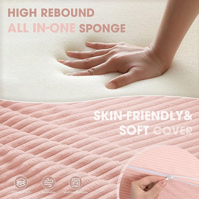 Folding Sofa Bed with Pillow, Memory Foam Fold Out Chair Bed, Convertible Sleeper Chair with Washable Cover, Futon Floor Couch for Living Room/Dorm/Guest Use/Home Office/Apartment,Pink