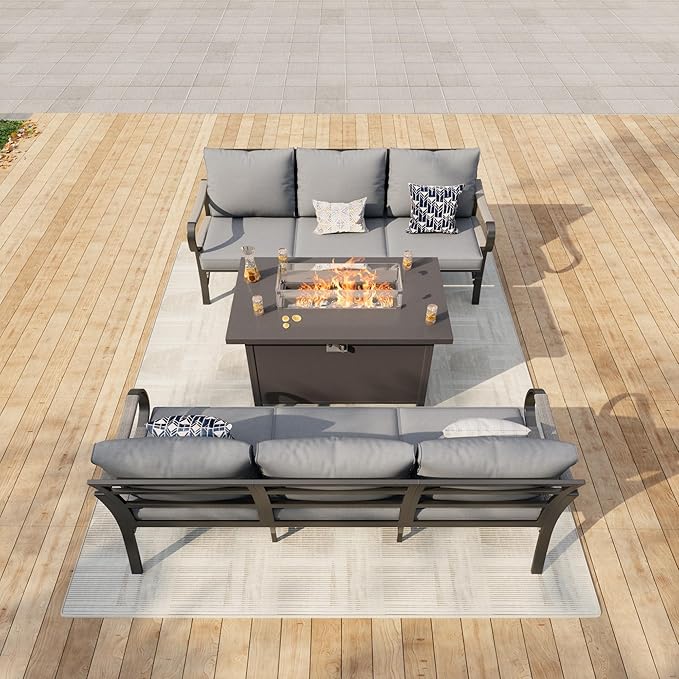 3 Pieces Patio Conversation Sets, All Weather Metal Outdoor Furniture Set 2 Three-Seater Sofas with Fire Pit Table for Backyard Garden Deck Porch Poolside, Gray