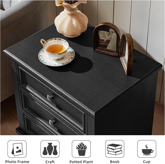 SAVOR LIFE Farmhouse Nightstand with 3 Drawers, Rustic Couch End Table with 4 Square Solid Wood Legs, Mid-Century Modern Bed Side Table with Storage, Small Dresser for Bedroom, Living Room, Black - Image 8