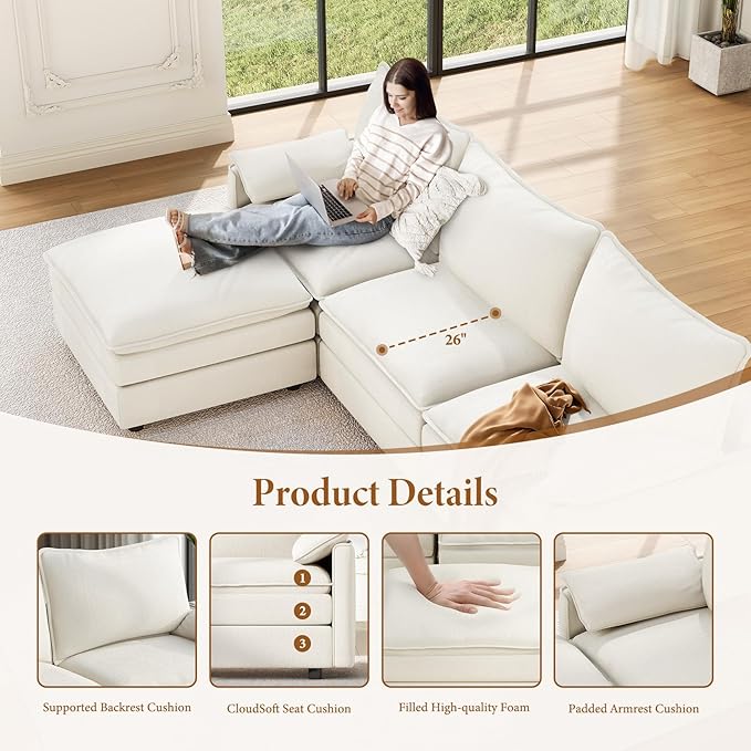 Vesgantti 108" Sectional Sleeper Sofa, 6-Seater Oversized Modular Cloud Couch with Movable Ottoman, Chenille Large Sofa Bed Convertible Deep Seat Couches for Living Room, Bedroom and Apartment, White