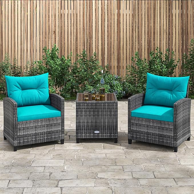 KOTEK 3 Piece Patio Furniture Set, Outdoor PE Rattan Conversation Set with Washable Cushions & Tempered Glass Tabletop, Wicker Chairs and Table Set for Porch, Garden, Balcony (Turquoise)
