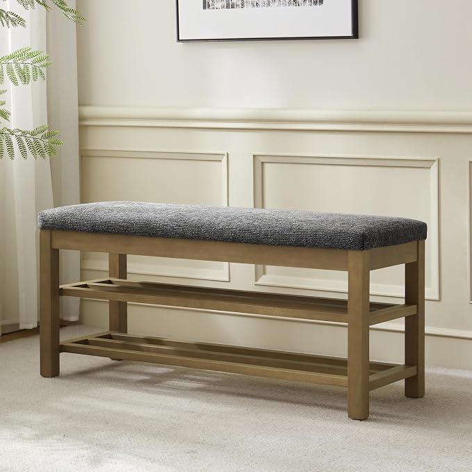 VKNOW 44.3” Wooden Entryway Bench, 2-Tier Upholstered Shoe Storage Bench for Bedroom, Storage End of Bed Bench with Rubberwood Legs for Living Room, Hallway, Black - Image 8