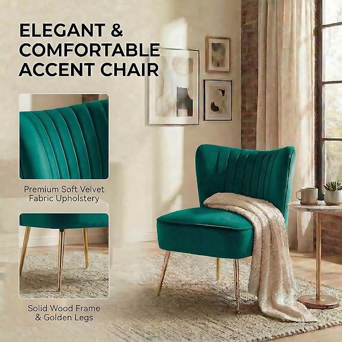 DUOMAY Modern Accent Chair Set of 2 Velvet Slipper Chair with Gold Legs Wingback Side Chair for Living Room Bedroom Entryway Small Corner Chair for Space Saving, Green