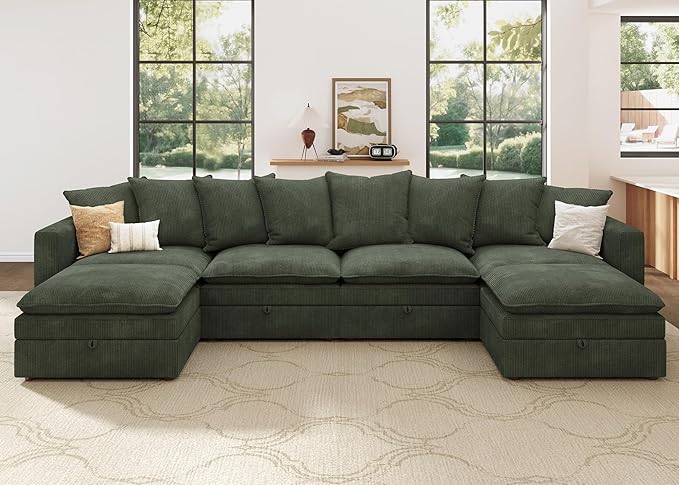 HONBAY Modular Sectional Sofa, 137 Inch U Shaped Corduroy Couch with Storage, Convertible Sectional Sofa with Deep Seat, Green
