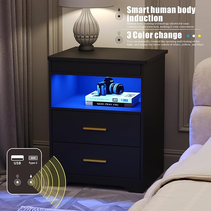 Nightstand Set of 2, Charging Bedside Table with USB & Type-C Port, LED Nightstand with Human Sensor Light, Modern End Table with Gun Drawers for Bedroom Office, Black - Image 5