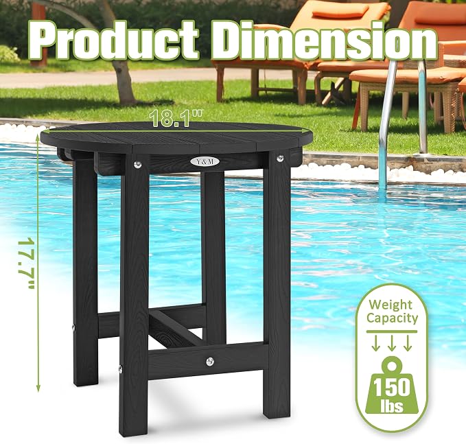Y&M Outdoor Side Table, Waterproof Four-Legged Round Entryway End Table, Single-Tier HDPE Modern Small Coffee Nightstand for Bedroom, Living Room, Patio, Indoor or Outdoor Use, Black - Image 5