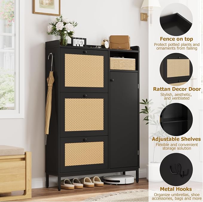 GarveeHome Shoe Cabinet Rattan with 3 Flip Drawers and 4-Tier Shoe Storage Cabinet, Freestanding Shoe Organizer with Adjustable Shelves for Entryway, Closet, Hallway (Black) - Image 3