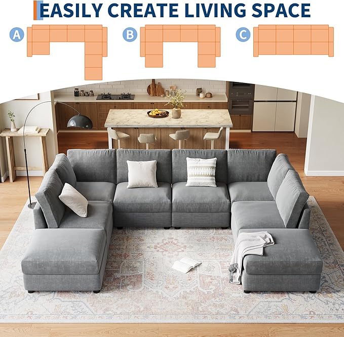 GarveeHome 138" Modular Sectional Sofa, 8 Seater Sectional Couch, U Shaped Sofa with Ottoman, Oversized Convertible Modular Couch for Living Room Apartment Office, Chenille Grey
