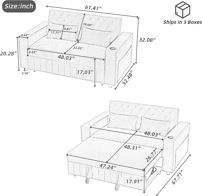 Merax Pull-Out Sleeper Sofa Bed with Reversible Backrest and Two Throw Pillows, 3 in 1 Foton Couch with USB Ports & Cup Holder, Chenille Loveseat with Storage Shelves for Living Room, Grey