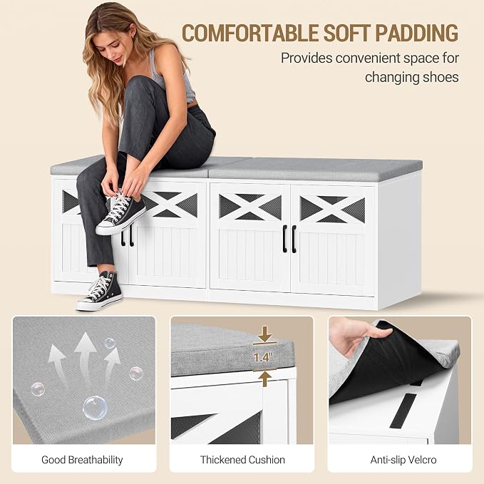 Hzuaneri 2 Tier Shoe Storage Bench with Doors, 59" Farmhouse Shoe Bench with Padded Cushion, 12-16 Pairs of Bed End Bench, Entryway Bench with Storage for Bedroom, Living Room, White SB61503X - Image 4