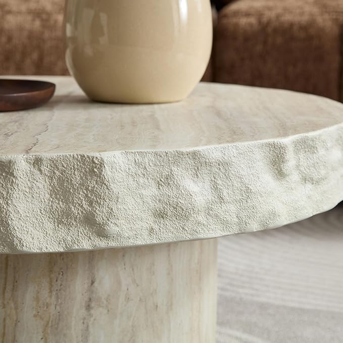 Round Coffee Table Set of 2, Faux Marble Pattern Center Table Imitation Stone Cement Table with Side Table for Living Room Apartment (Fiberglass 31.69" & 23.82")