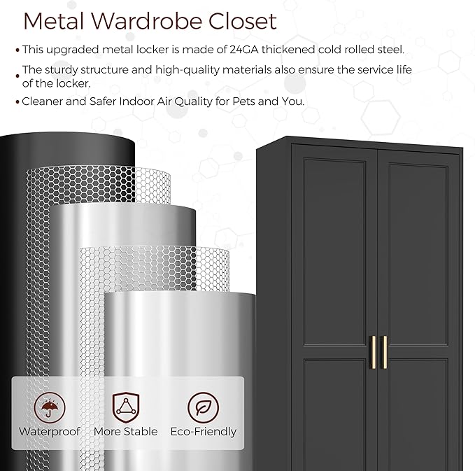 Metal Armoire Wardrobe Closet with Doors, 86" Tall Wardrobe Cabinet, Black Clothing Storage Cabinets with Adjustable Shelves for Bedroom, Home Office