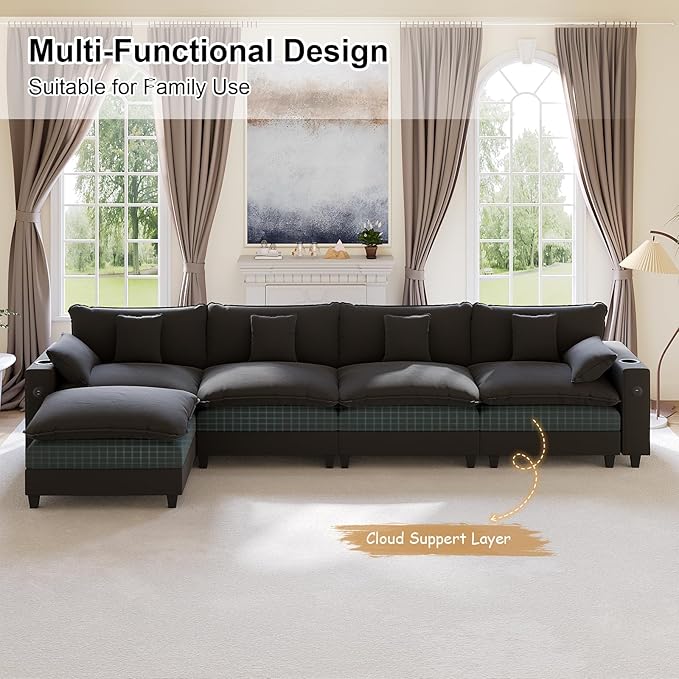 152" Modular Sectional Sofa, L Shaped Cloud Couch with Movable Ottoman, Chenille Deep Seat Cloud Sofa with Charging Station, Cup Holder, Side Pocket, Sectional Couches for Living Room, Black