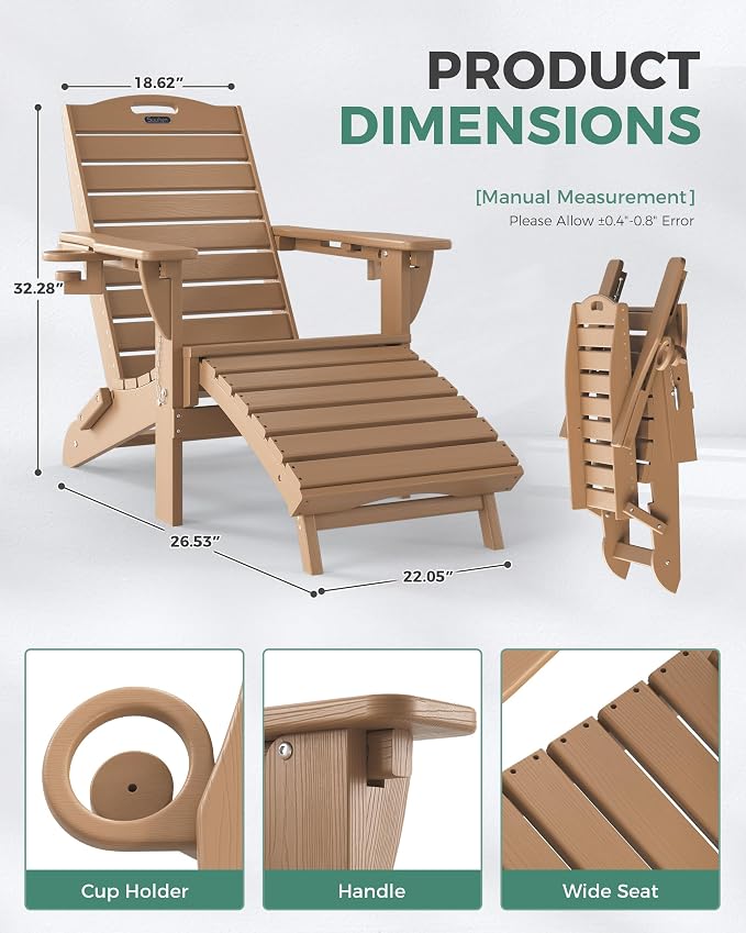 Adjustable Adirondack Chairs Set of 4 with Retractable Ottoman, HDPE Folding Adirondack Chair with Cup Holders, Weather Resistant for Backyard, Poolside & Fire Pit (Teak) - Image 3