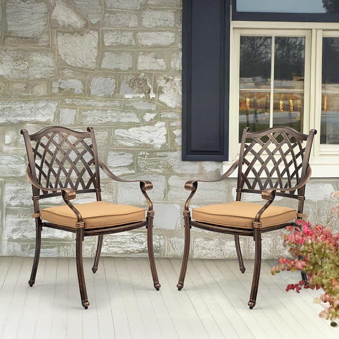 VINGLI Patio Chairs Set of 4- Stackable Outdoor Cast Aluminum Dining Chairs with Vintage Bronze Finish and Diamond Pattern, Metal Armchairs for Poolside, Backyard, Balcony (with Cushion) - Image 7