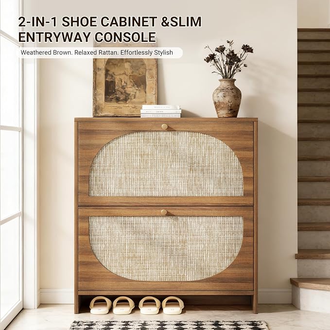 Nicetree Freestanding Ultra Slim Arched Rattan Accent Shoe Storage Cabinet for Entryway - 2 Flip Drawers & 3-Tier Adjustable Shelves, Farmhouse Modern Rustic Shoe Rack for Hallway Foyer,Oak - Image 3
