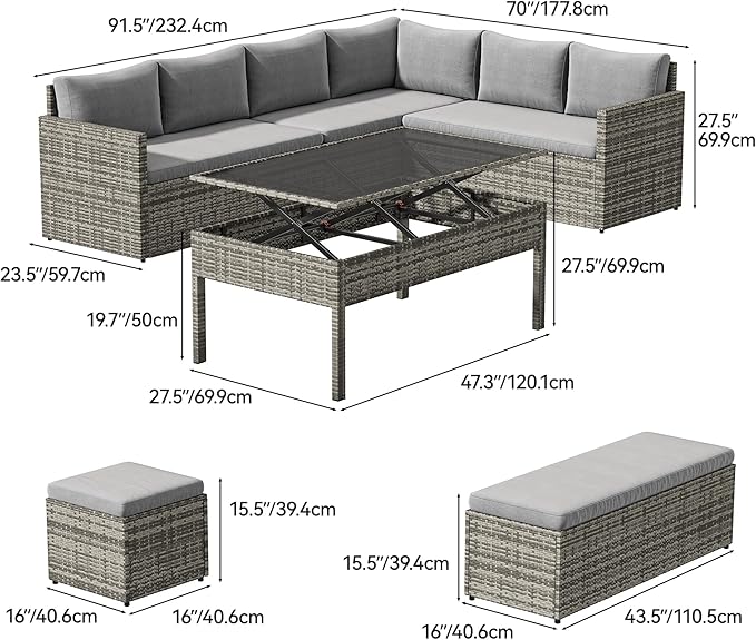 YITAHOME 9 Piece Patio Furniture Set, All-Weather Wicker Outdoor Sectional Sofa with Lift-Top Coffee Table & Ottoman, Patio Conversation Set for Deck, Backyard, Porch - Gray Gradient