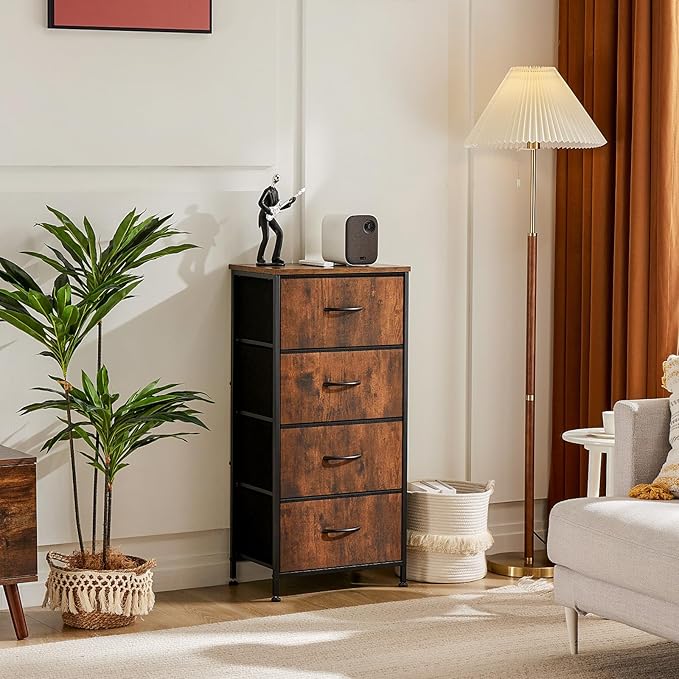 Simple Deluxe 4 Drawer Dresser, Fabric Storage Tower Organizer with Sturdy Steel Frame and Wood Top, Easy Pull Handles, for Bedroom, Entryway, Hallway, Brown