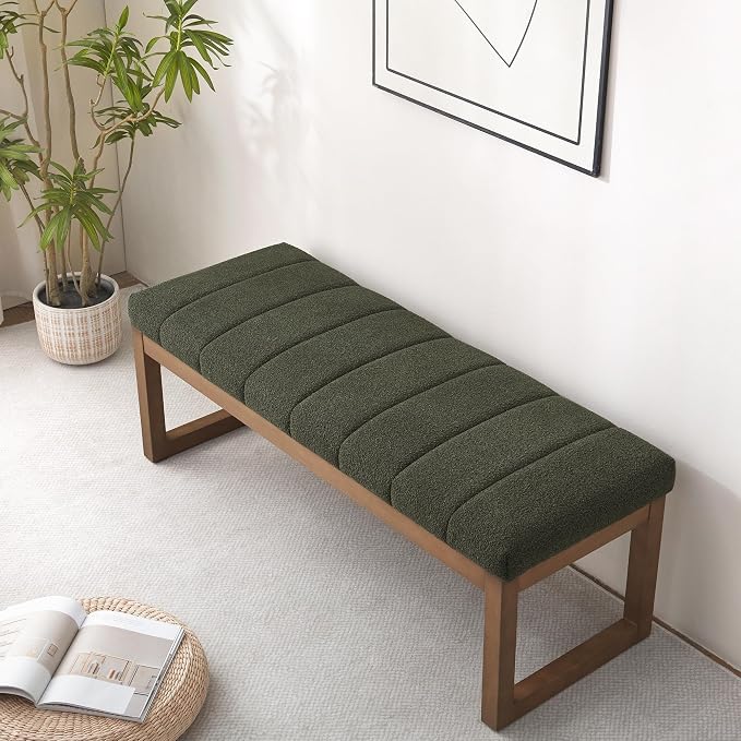 Zihanhome 52.7" Bedroom Bench for End of Bed, Modern Upholstered Teddy Fabric Entryway Bench & Dining Bench, Footrest Stool Bench with Solid Wood Frame for Bedroom, Living Room (Green) - Image 8