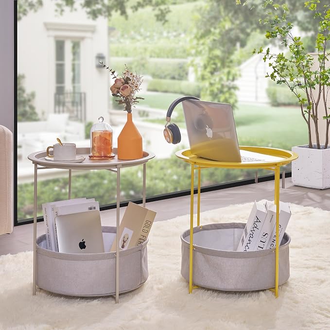 VECELO Round Side/End Table with Fabric Storage Basket，Metal Anti-Rust and Waterproof Small Bedside Nightstand with Removable Tray Top for Living Room，Balcony & Laundry，Grey /1pcs with Basket - Image 7