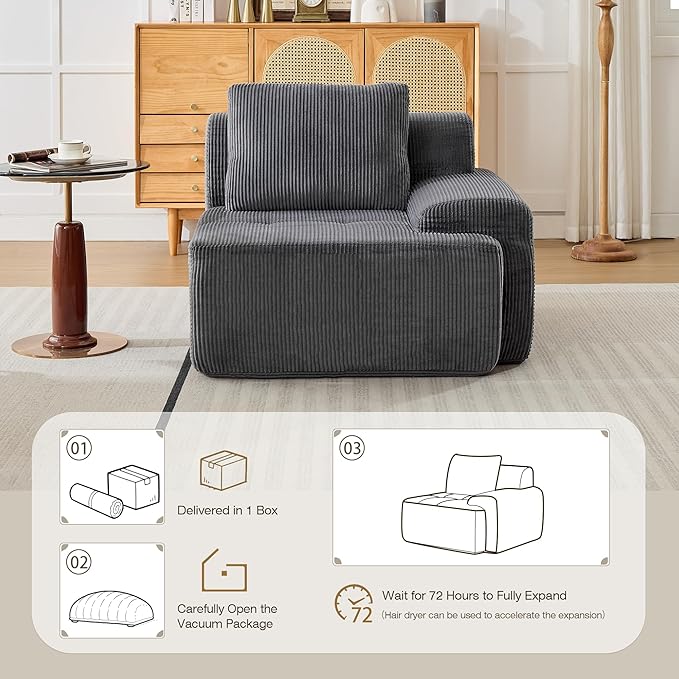 Modular Sectional Sofa, Boneless Couches for Living Room, Corduroy Couch, Big Comfy Couch, Modular Cloud Sofa with Deep Seat (Grey, 1 Piece-Right Armchair)
