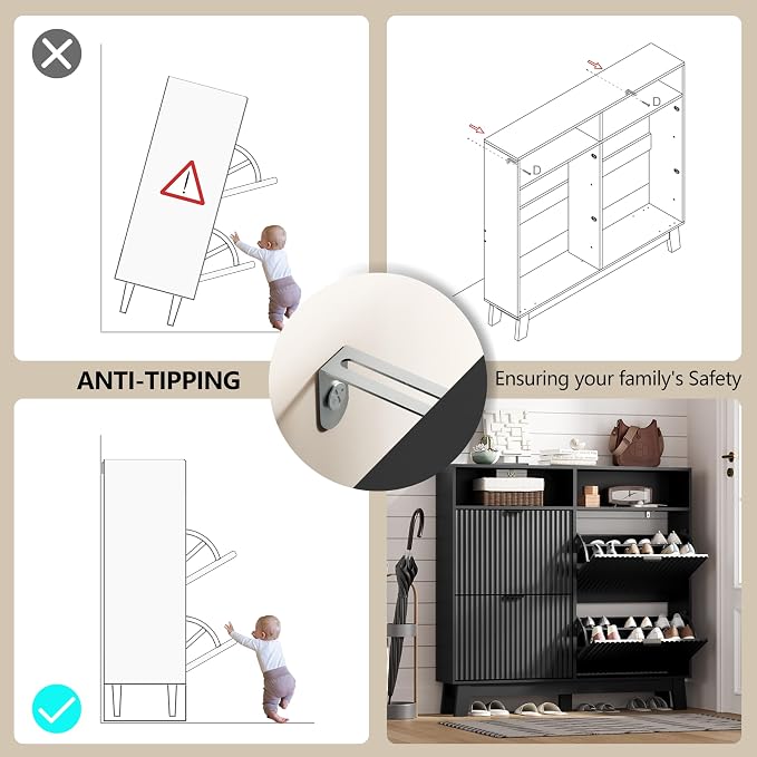 Shoe Cabinet Storage for Entryway with 4 Flip Drawers, Fluted Narrow Shoe Organizer with Wooden Legs & Top Cubby, Freestanding Slim Shoe Storage Hidden Shoe Rack for Front Door Entrance, Black - Image 6