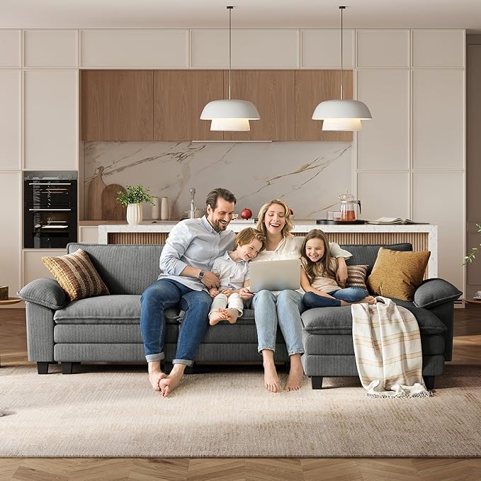 LINSY HOME 157'' Modular Sectional Sofa Grey Couch Corduroy Cloud Couches for Living Room, U Shaped Couch with Movable Ottoman, Modern Cloud Sectional Sofas for Bedroom and Apartment, Grey