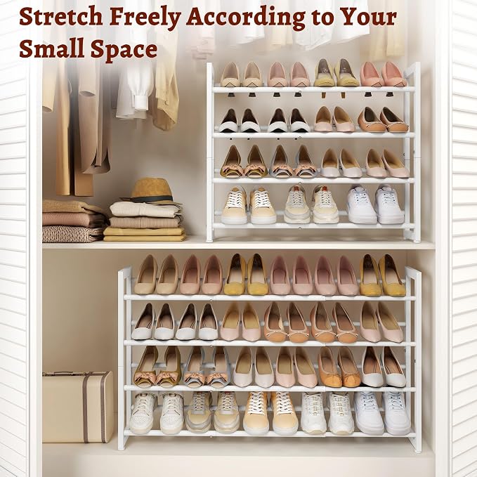 FAVOOSTY 4-Tier Expandable Shoe Rack, Adjustable Shoe Shelf Storage Organizer Space Saving Metal Free Standing Shoe Rack for Entryway Closet Doorway, White - Image 4