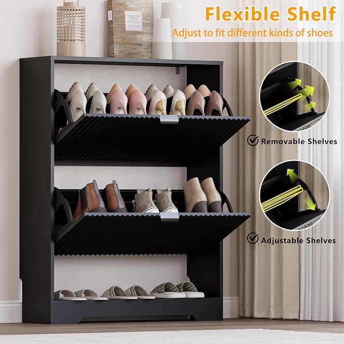 BORNOON Shoe Cabinet with 2 Flip Drawers, Fluted Shoe Storage Cabinet with Adjustable Shelves, Freestanding Rack and Organizer for Entryway, Closet, Hallway - Image 3
