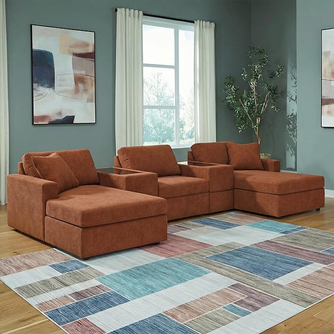 Signature Design by Ashley Contemporary Modmax Stain Resistant U-Shape Symmetrical 5-Piece Pit Sectional with Storage Consoles and Reversible Cushion, Orange