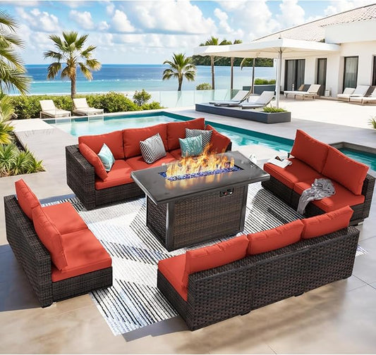 11 Piece Patio Furniture Set with Fire Pit Table, Outdoor Sectional Sofa PE Rattan, Patio Conversation Sets with Cushions for Garden Lawn Balcony Porch Deck Red