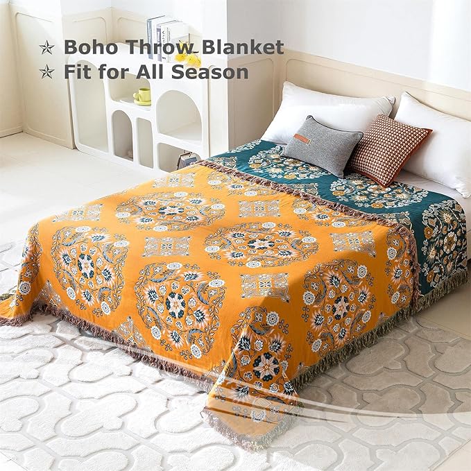 Boho Throw Blanket for Bed 100% Cotton Soft Lightweight Quilt Floral Embroidery Home Decor Spring Breathable Bed Blanket,80"x90" All Season Reversible Yellow Blankets for Sofa Couch Chair