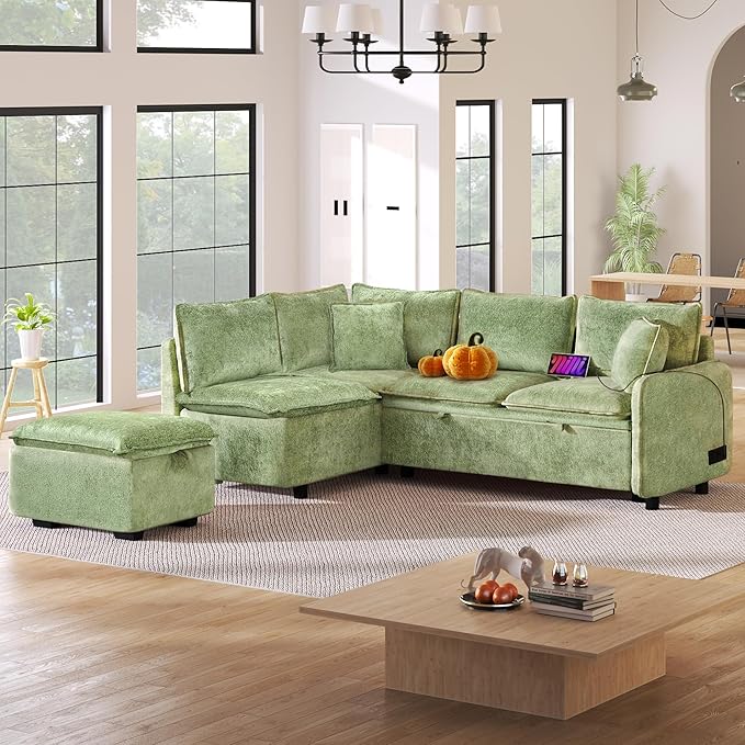 ERYE L-Shaped Corner Chenille Upholstered Sleeper Sectional Sofa Practical Convertible Sleep Sofabed W/Pull Out Sleep Couch Bed, Storage Ottoman and USB Charge Ports for Living Room