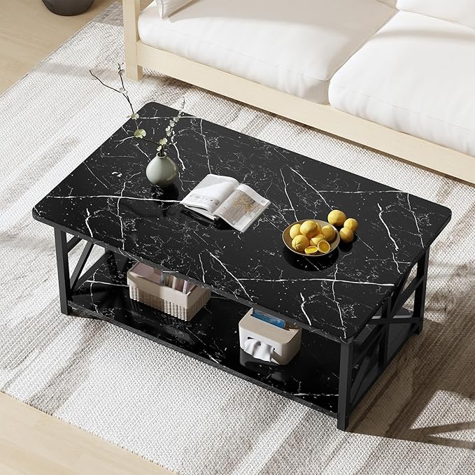 AWQM Faux Marble Coffee Table for Living Room,Modern 2-Tier Coffee Table with Storage,Rectangular Center Table for Sofa,Sturdy Frame,Black