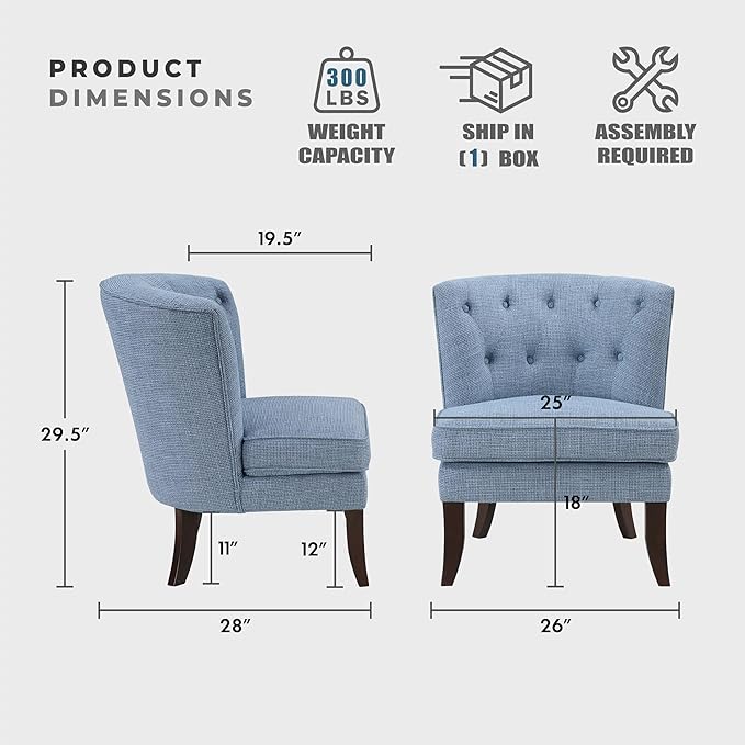 Lexicon Accent Chair, Textured Fabric Upholstered Armless Chair with Solid Wood Legs, Button Tufted Curved Back for Living Room/Bedroom/Office/Waiting Area, Blue